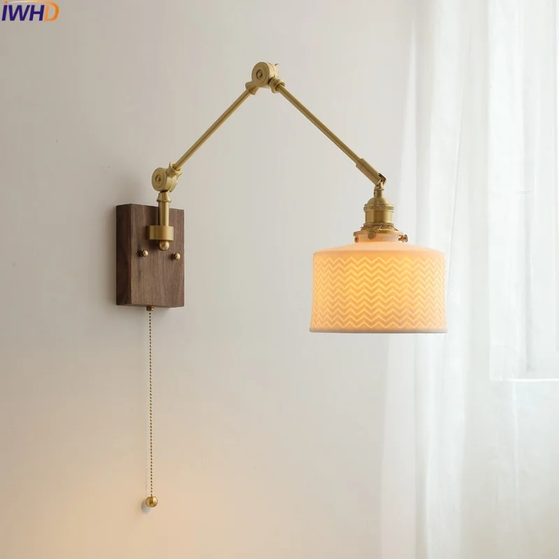 

IWHD Swing Arm LED Wall Lamp Sconce Home Decor Living Room Bedroom Coffee Ceramic Modern Stair Light Fixtures Pull Chain Switch