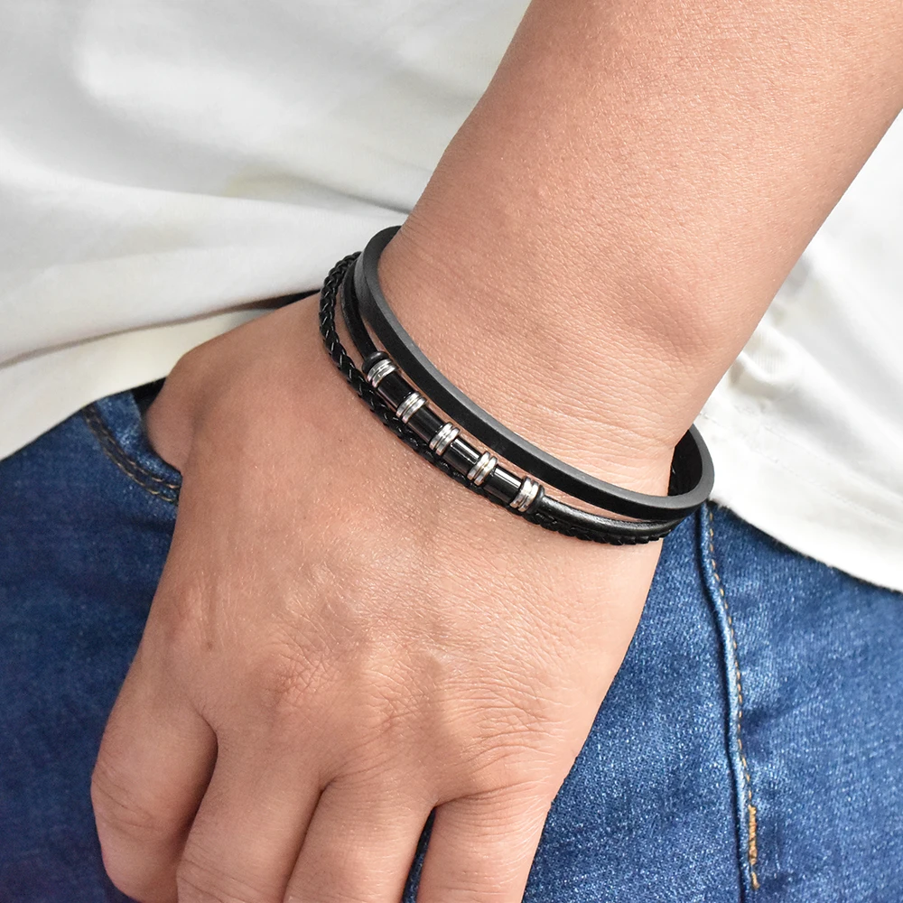

wholesale stainless steel men black leather bracelet with charms Leather hand strap fashion men jewelry