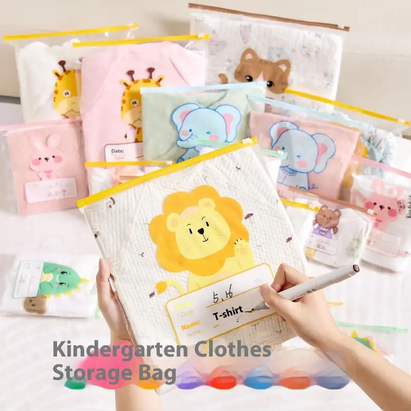 10/15/20 ชิ้น ถุงเก็บของแบบมีซิป ลายการ์ตูนช้าง ยีราฟ โปร่งใส หนาขึ้น ประหยัดพื้นที่ สำหรับเด็กอนุบาล