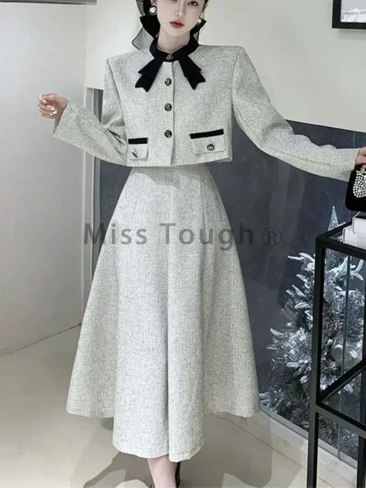 Autumn Vintage Elegant 2 Piece Dress Set Women Korean Fashion Casual Party Suits Female Chic Long Sleeve Tops +Solid Skirt 2024