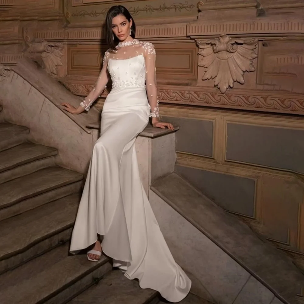 

Customized Exquisite O Neck Flower Wedding Gown Charming Mermaid Floor Length Long Sleeve Bridal Dresses Vestidos De Noiva