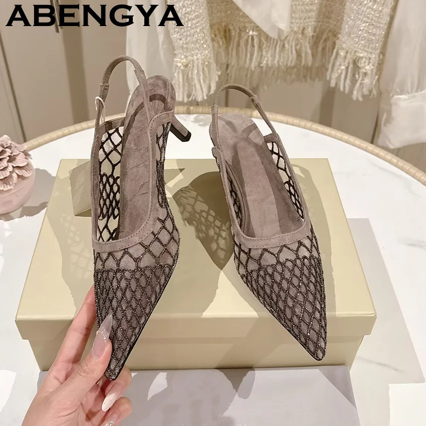 

Lace Mesh Pointy Toe Kitten Heels Flat Sandals for Women Kitten Heel Designer Sandals Summer Fashion Week Dress Party Shoes Muje