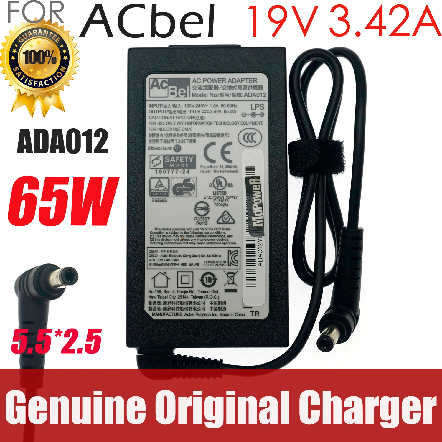 Genuine ACBEL 19V 3.42A 65W AC Adapter ADA012 Charger for CLEVO NH58RH NP6854 System76 LEMUR PRO 12 LEMP12 Power Supply 5.5*2.5