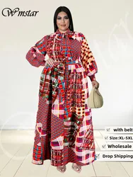 Wmstar Plus Size Women Clothing Fall Dresses with Belt Loose Vintage Long Sleeve Print Big Hem Long Dress Wholesale Dropshipping