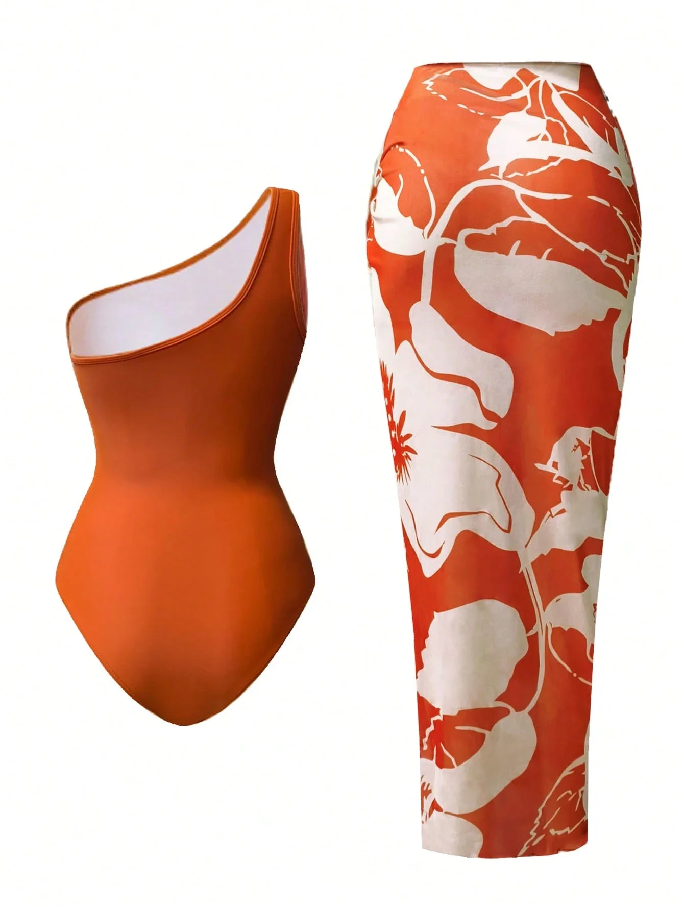 Traje de baño asimétrico naranja de una pieza con falda tipo pareo floral blanca