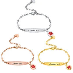 Custom Enamel Medical Alert ID Bangle Stainless Steel Rolo Chain Link Thin Bar Bracelet for Women Adjsutable 7.6