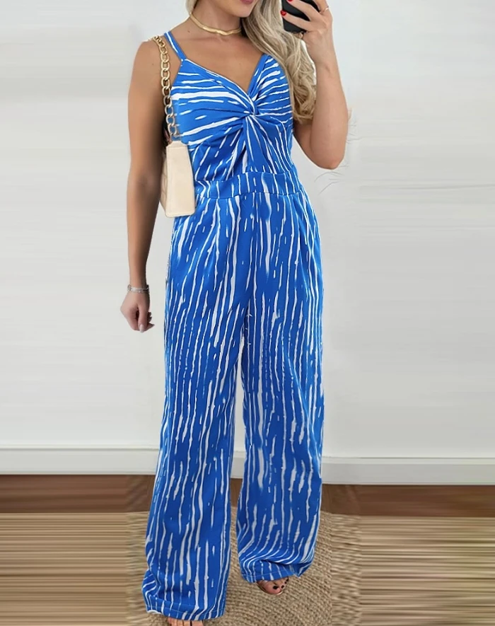 

Sage Girl 2024 Summer Stripe Twisted Noodle Backband Pocket Design V-Neck Casual Wide Leg Jumpsuit