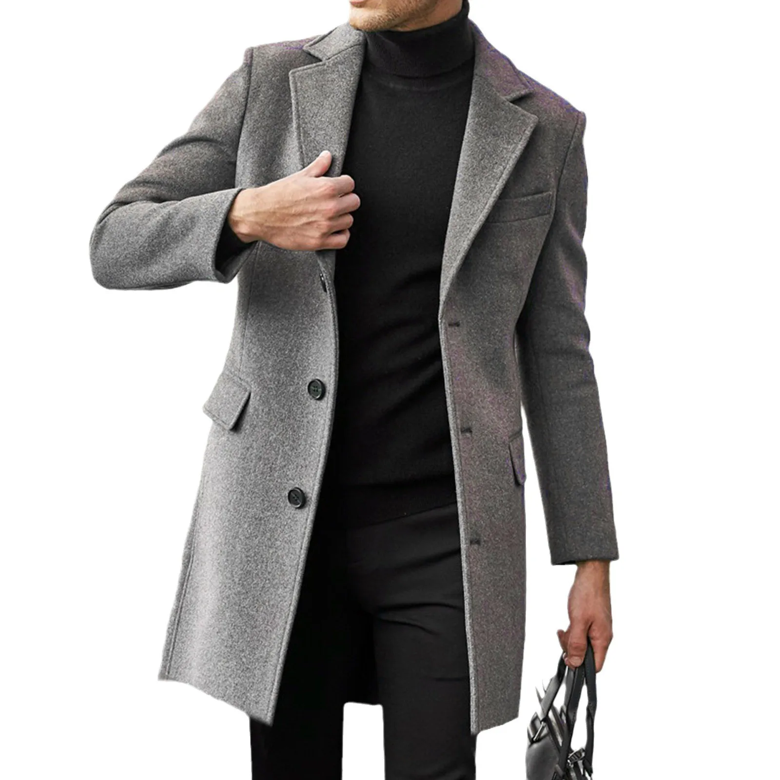Button Front Single Breasted Belt with No Belt Regular Thickness Pocket Side Seam Pockets Round Neck Autumn Coat for Men