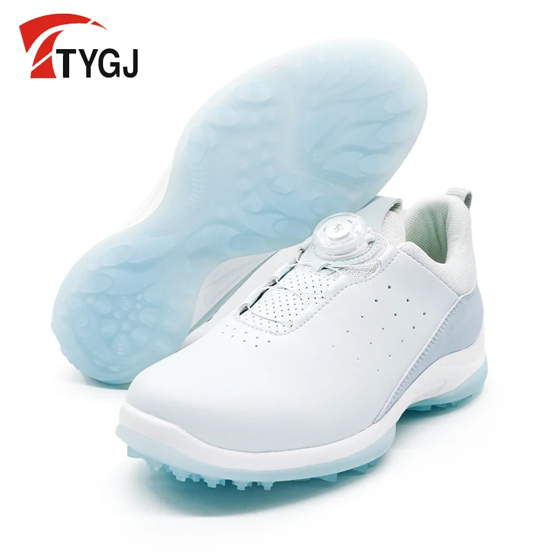 TTYGJ Women‘s Golf Shoes With Rotating Button Laces Waterproof Breathable Outdoor White Spikeless Sport Golfing Footwear