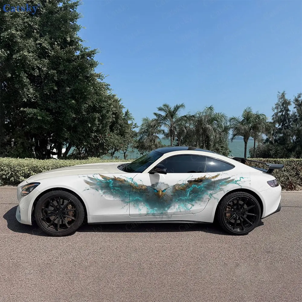 2pcs Cyan Lightning Wing Raptor Car Side Wraps, Self-Adhesive PVC Waterproof & Scratch-Resistant Stickers, Car Accessory Gift