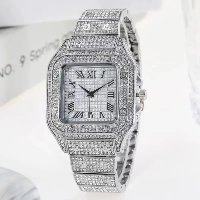 Watches Gold Silver Rose Gold Color Alloys and Bling Rhinestone Square Dial Hip Hop Quartz Watches Are for Perfect Gift