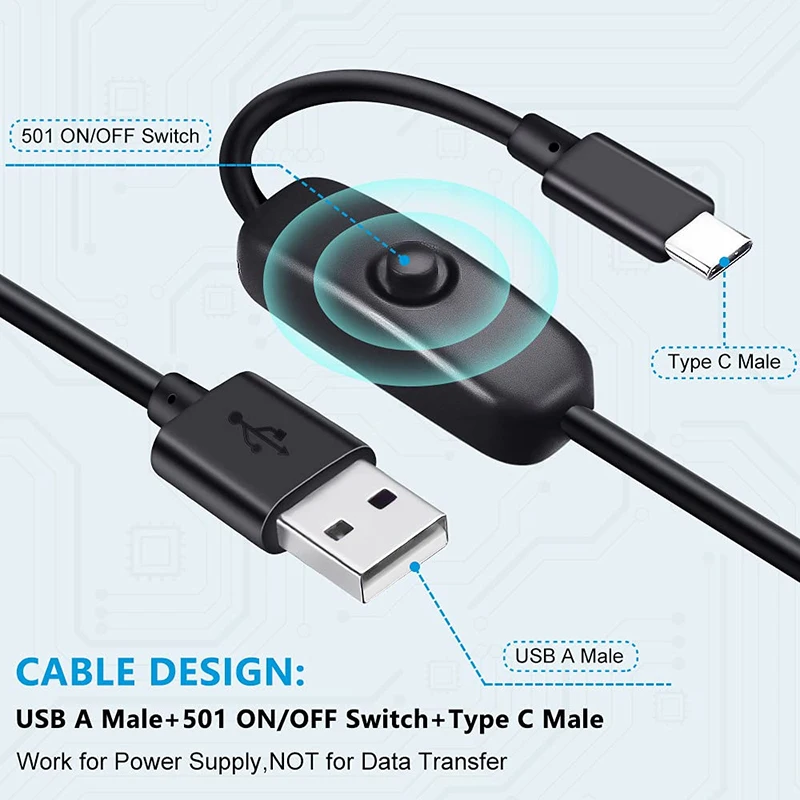 USB To Type C Switch Cable DC 5V 2A Power Supply Extension Power Wire White Black USB To Type C Button Switch Line For Lamp Fan