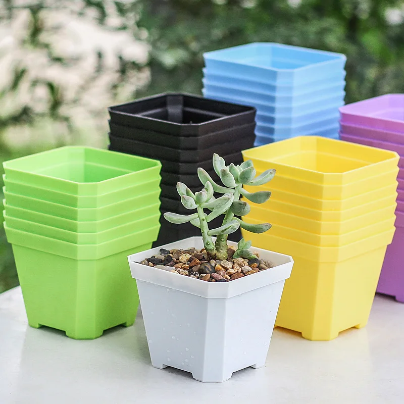 10pcs 10cm Plastic Succulent Plant Pot Flower Nursery Pot With Drainage Holes Colorful Square Flower Pot Flower Plant Container