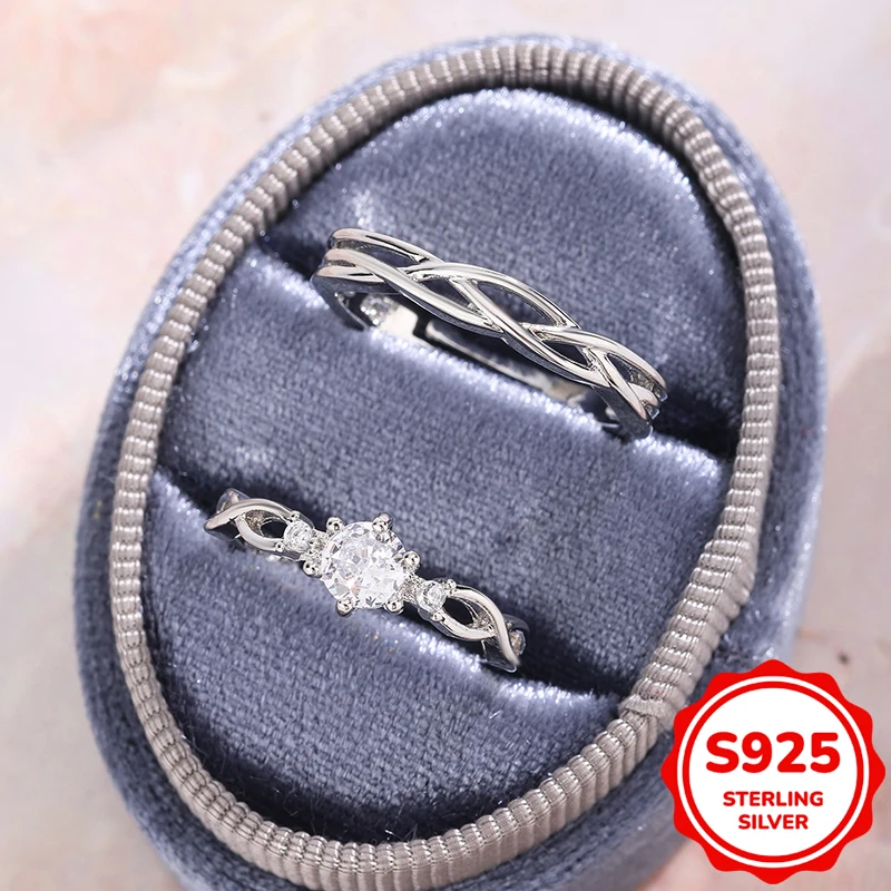 

Luxurious authentic S925 sterling silver wrapped fourprong full diamond crystal couple ring for women men Valentine gift jewelry