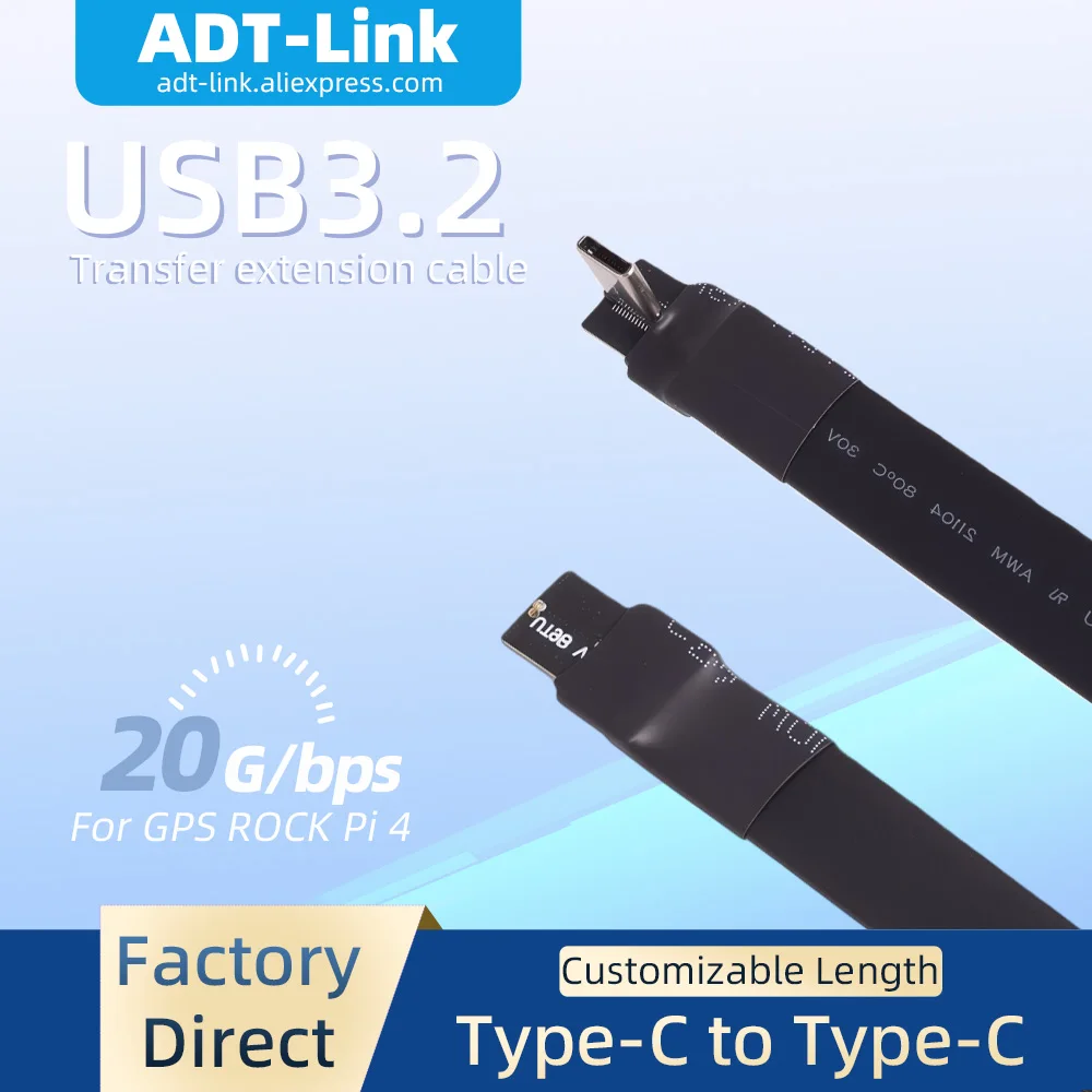 ADT-Link USB 3.2 Gen2x2 20Gbps Type-C to Type-C FFC USB C FPV Flat Thin Ribbon FPC Cable Gen2x2 90°Adapter for Data Charging