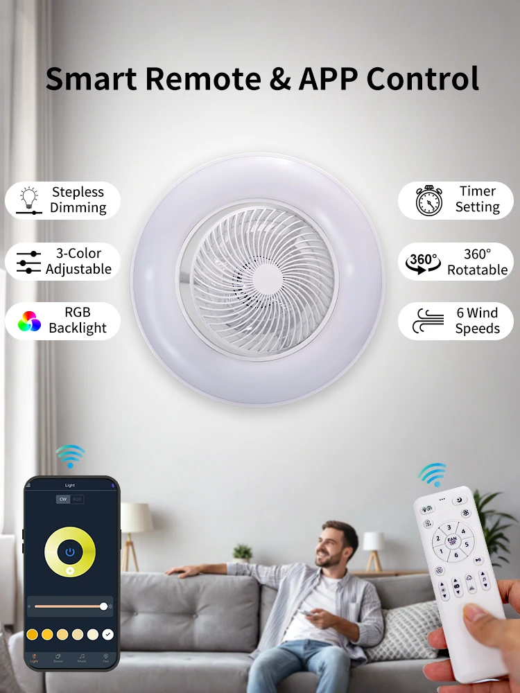 RGB Smart Deckenventilator mit Licht, App-Fernbedienung, 6 Geschwindigkeiten, dimmbar, 56 cm große Größe, oszillierender Ventilator mit Licht für Schlafzimmer und Heimdekoration