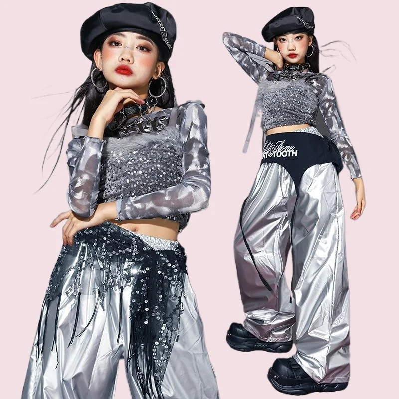 

Girls' Dance Silver Performance Costume Children's Jazz Sequin Vest Fashion Show Trendy Kids Practice Silver Leather Pants