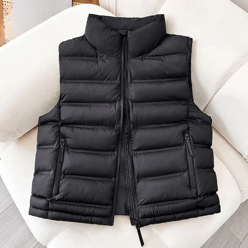 In Stock Autumn Winter Stand-up Collar Zipper Cotton Vest Women Short Hem Drawstring Sleeveless Vest Casual Layering Waistcoat