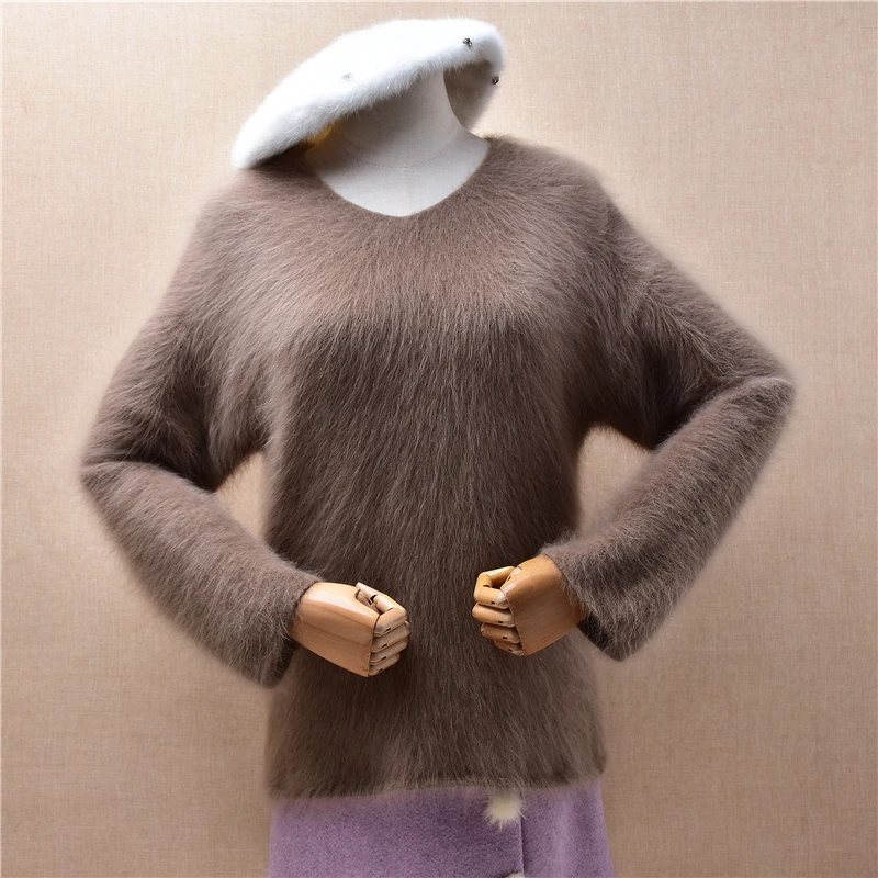 

Women Mujer Fall Winter Clothing Hairy Plush Mink Cashmere Knitted V-Neck Long Sleeves Slim Blouses Pullover Sweater Jumper Pull