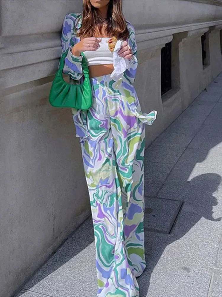 

Women's Street Style Loose Casual Trousers Set Spring Elegant Printed Shirt Long-sleeved Fashion Wide-leg Trousers Two-piece Set