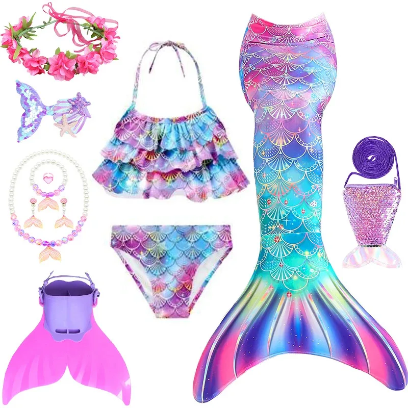 

2025 New Girls Bikini Rainbow Mermaid Swimsuits Summer Style Holiday Beach Fish Tail Children's Swimwear 3-piece Set Swimsuit