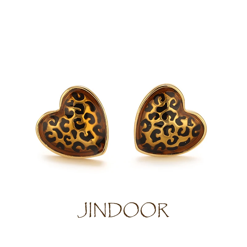 JINDOOR Golden Brass Enamel Leopard Print Earrings, Retro Chic, Non-Fading, Stylish and Bold Women’s Studs,Fashion Jewelry