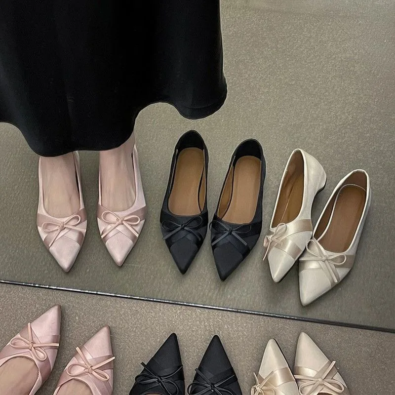 Single Shoe 2026 New Pointed Toe Silk Women Shoes Comfort 3CM Inside Height Increasing Ladies Fashion Elegant Bowknot Decoration