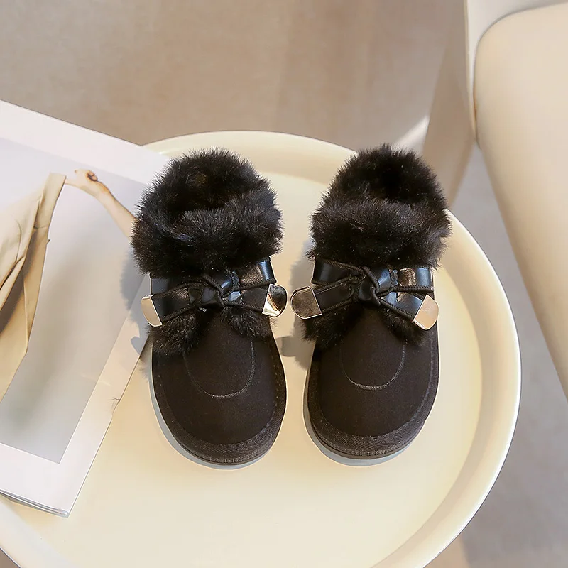 Childrens Cotton Shoes with Bow Flat Bottom High Top Slip Resistant and Warm Feet Winter Frosted Leather Casual Cotton Shoes