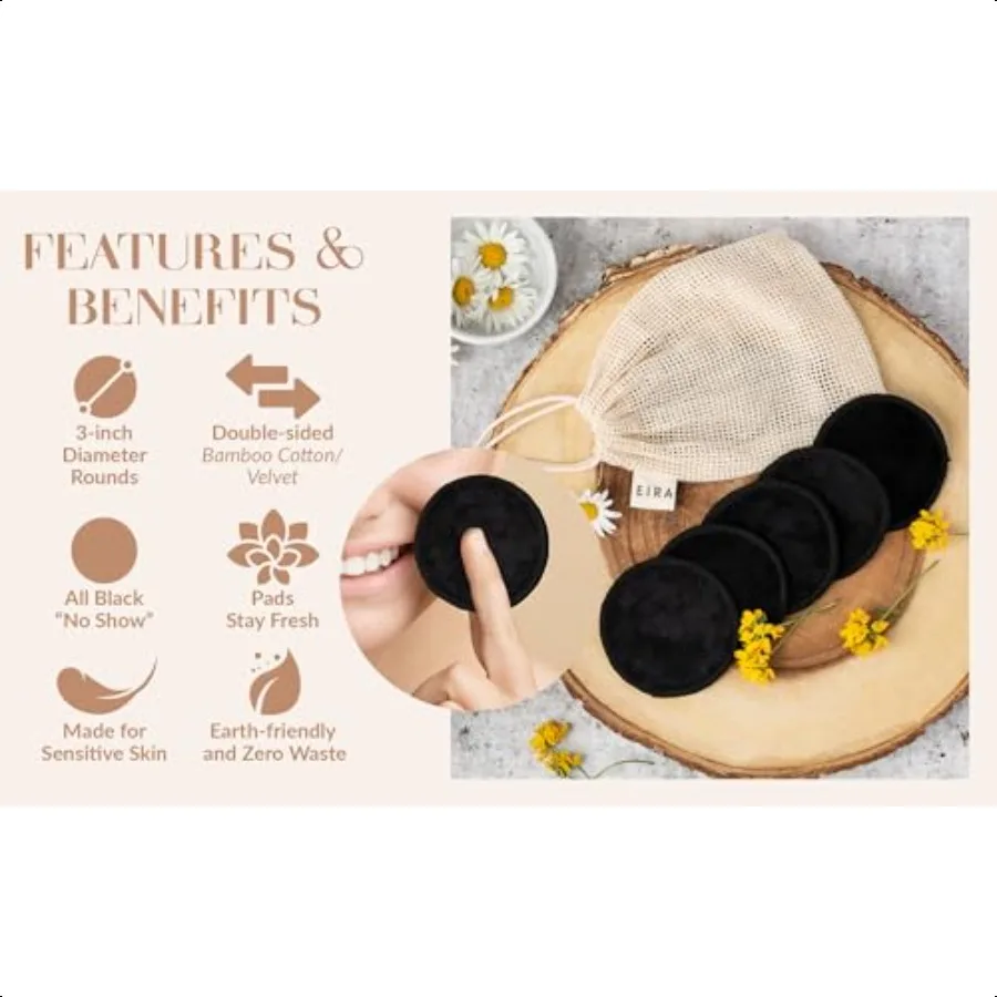 EIRA's Washable Makeup Remover Pads Black Bamboo Reusable Cotton Rounds with Wooden Holder. Makeup Remover Cloths EcoFriendly Z