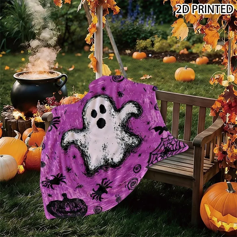 Playful Retro Halloween Throw Blanket, Whimsical Hand-Drawn Spooky, Spider Web, Pumpkin & Bat Pattern on Purple Background, Mult