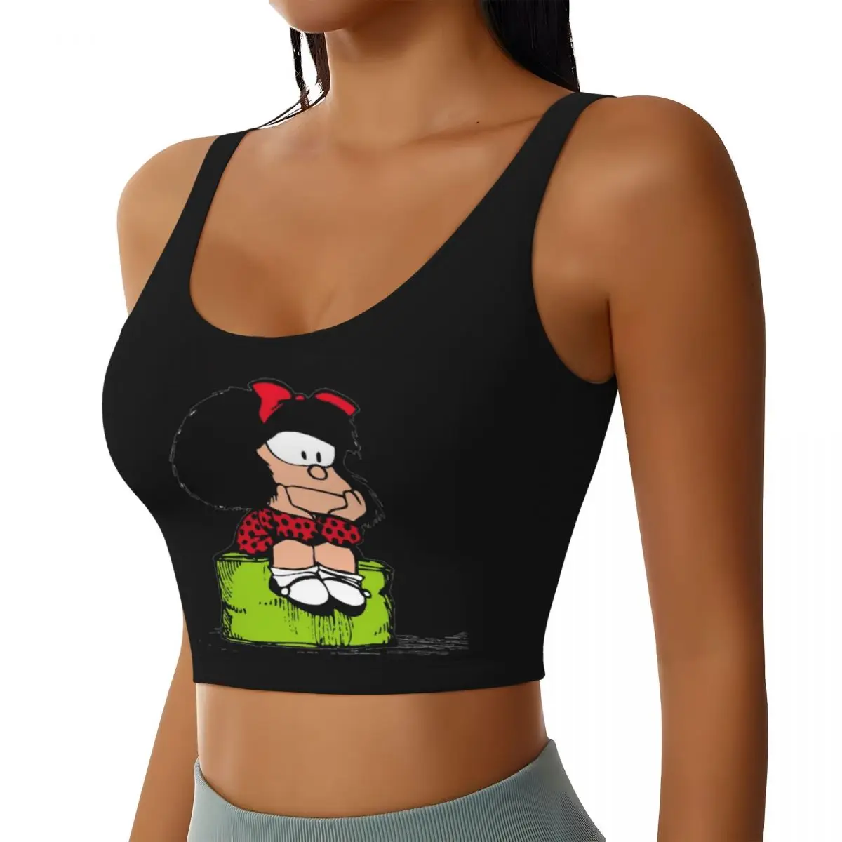 Custom Mafalda Thinking Workout Crop Tank Tops for Women Quino Comic Cartoon Running Sports Bras