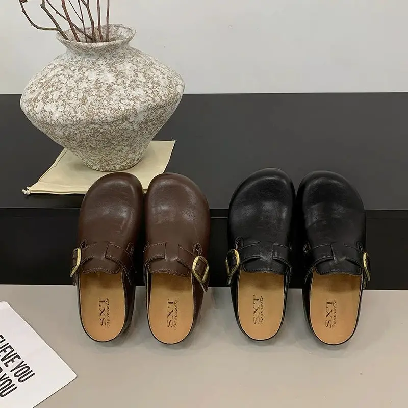 Women's Birkfoot Slip-On Half Slippers Leather Surface Fall 2026 Black Thick Bottom High Toppling Casual Style Home Daily Wear