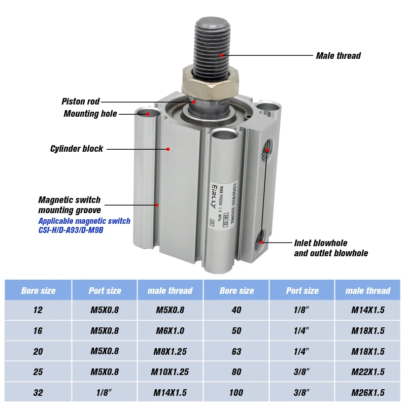 CQ2B100 CDQ2B100 Compact Cylinder Standard Type Double Acting single Rod Bore 100mm stroke 5-100mmMale Thread