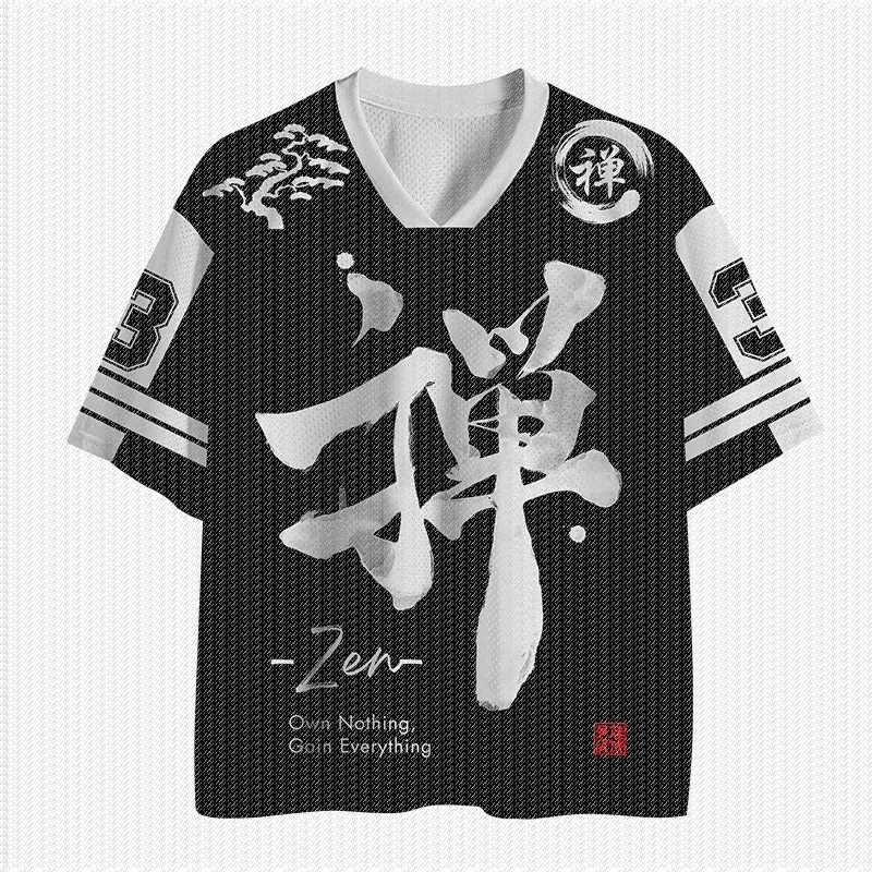 V Neck Black White Color Block Mesh Jersey T Shirt Chinese Zen Calligraphy Pine Tree Print Retro Oriental Streetwear Top