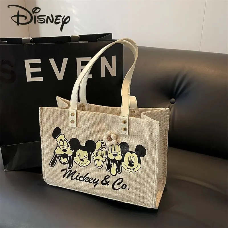 Disney Mickey 2024 New Women\'s Handbag Fashionable High Quality Women\'s Shoulder Bag Cartoon Large Capacity Canvas Shopping Bag