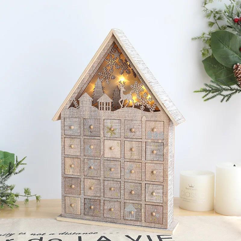 

Christmas LED Light Wooden Desktop Nordic Calendar Glowing Snow House Luminous Cabin 2023 Merry Christmas Home Decorations gift