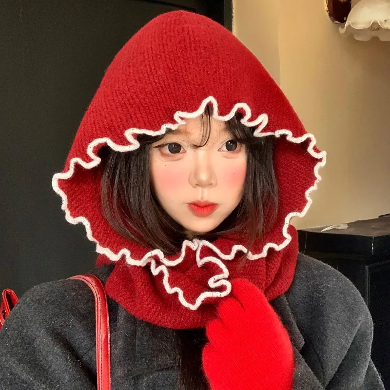 Korean Contrasting Lace Pullover Knitted Hat Scarf All-in-one Women Winter Showing Small Face Warm Ear-protecting Balaclava Hats