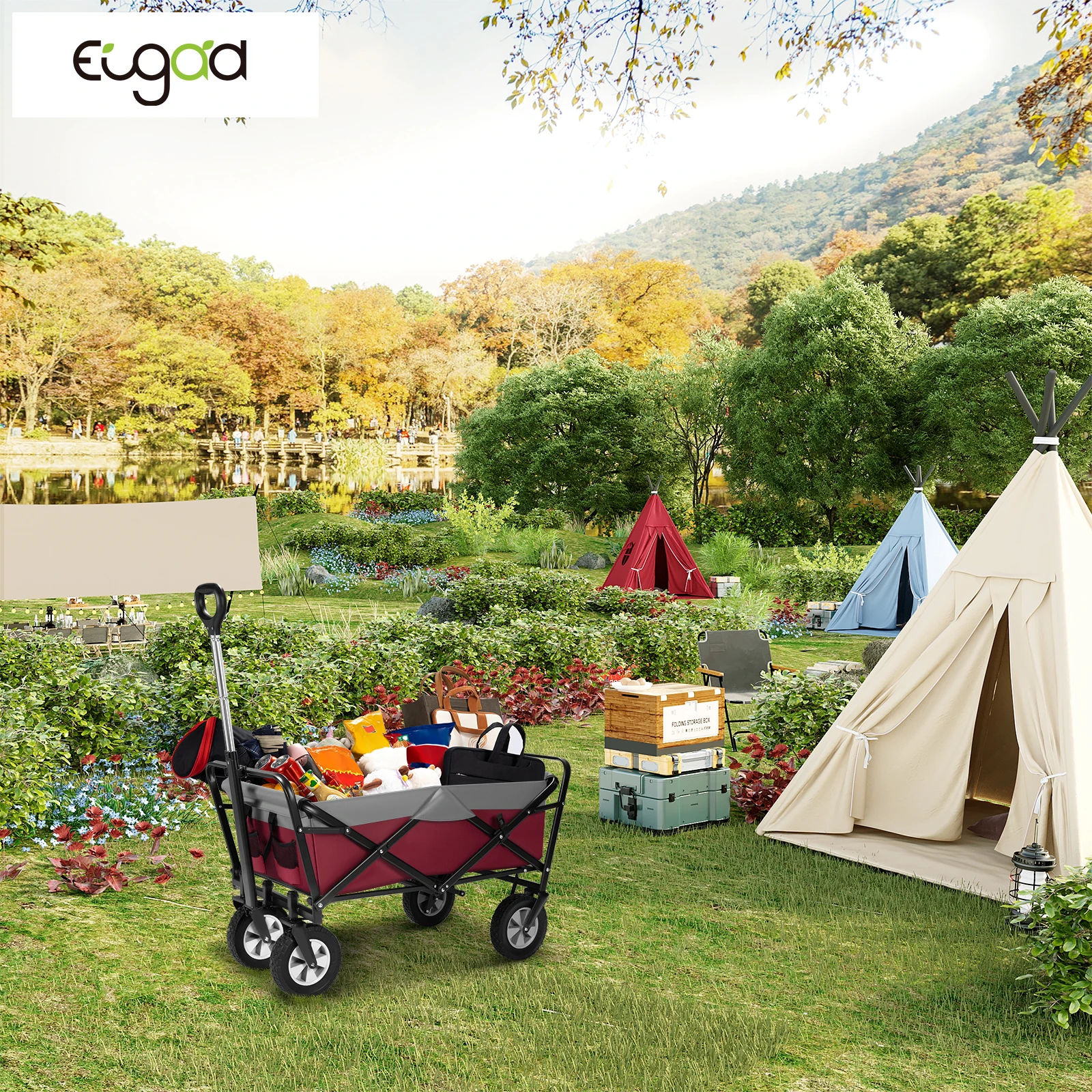 EUGAD Faltbarer 600D Oxford Camping-Trolley mit Griff/Rädern, Klappbarer Picknick- und Strandwagen für Outdoor und Garten – Detail 11