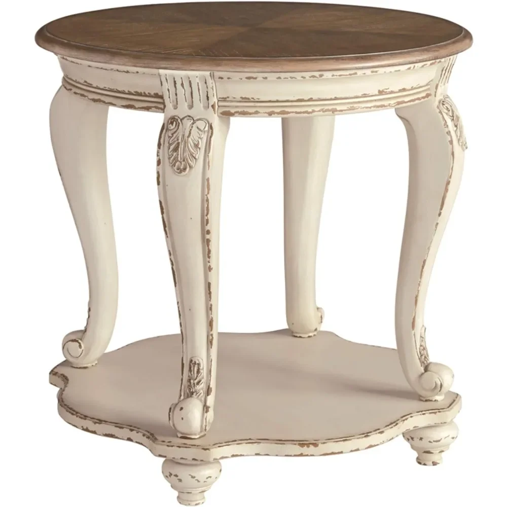 French Country Two Tone Round End Table, Chipped White