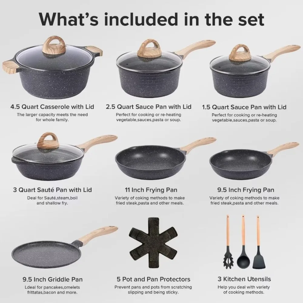 Pots and Pans Set Nonstick Induction Cookware Sets, 21 Pcs w/Frying Pan, Saucepan, Sauté Pan, Griddle Pan, PFOA Free