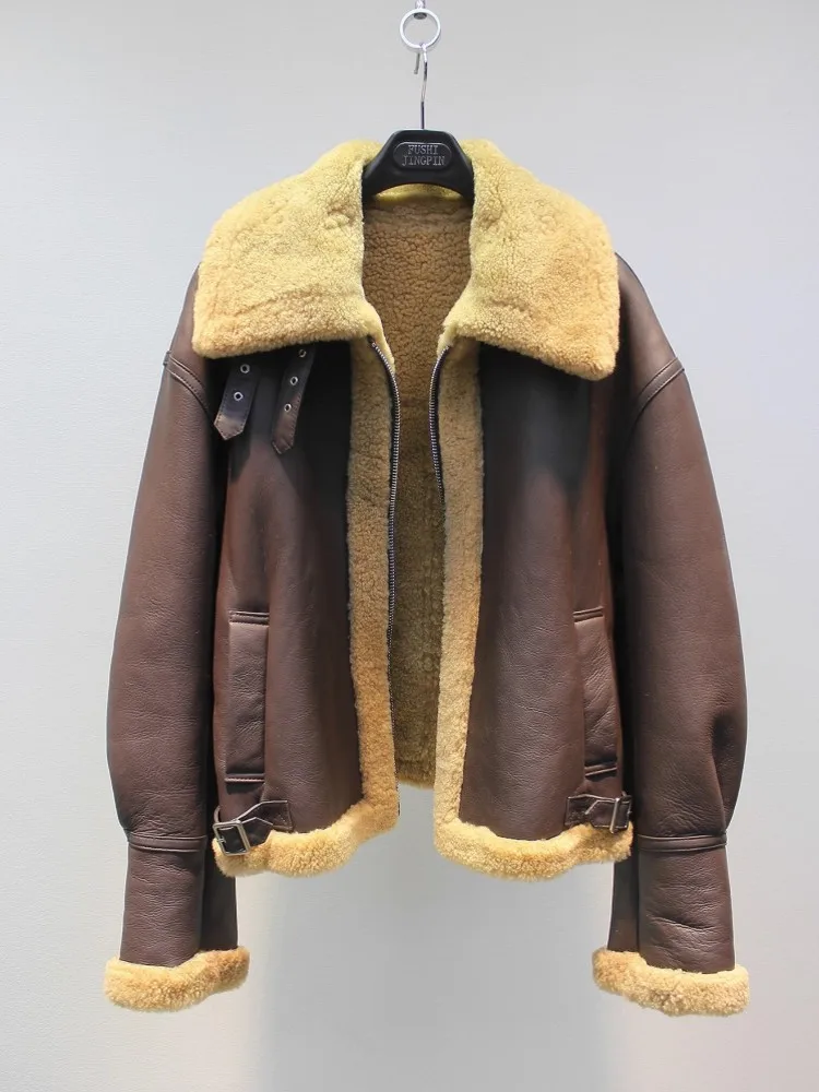 Winter Women Moto Biker Style Natural Shearling Overcoat Sheepskin Genuine Leather Real Wool Jacket Warm Sheep Fur Lining Coat