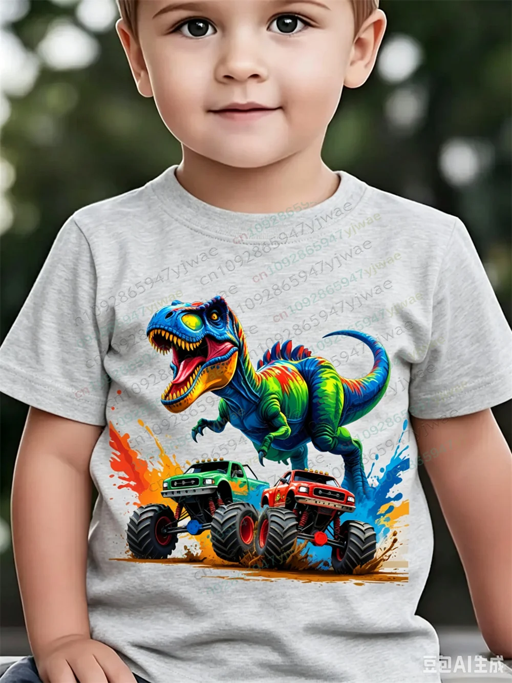 Sommermode für Jungen, kurzärmeliges Hemd, Jurassic Dinosaur Truck, grafisch bedrucktes, kurzärmeliges T-Shirt für Erwachsene und Kinder – Detail 4