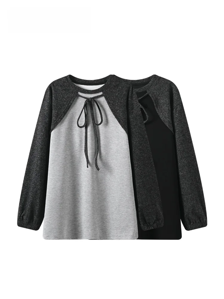 

Модная женская футболка большого размера с длинным рукавом, новинка ранней весны, топ в стиле пэчворк, трендовый корейский стиль, свободный крой, полиэстер