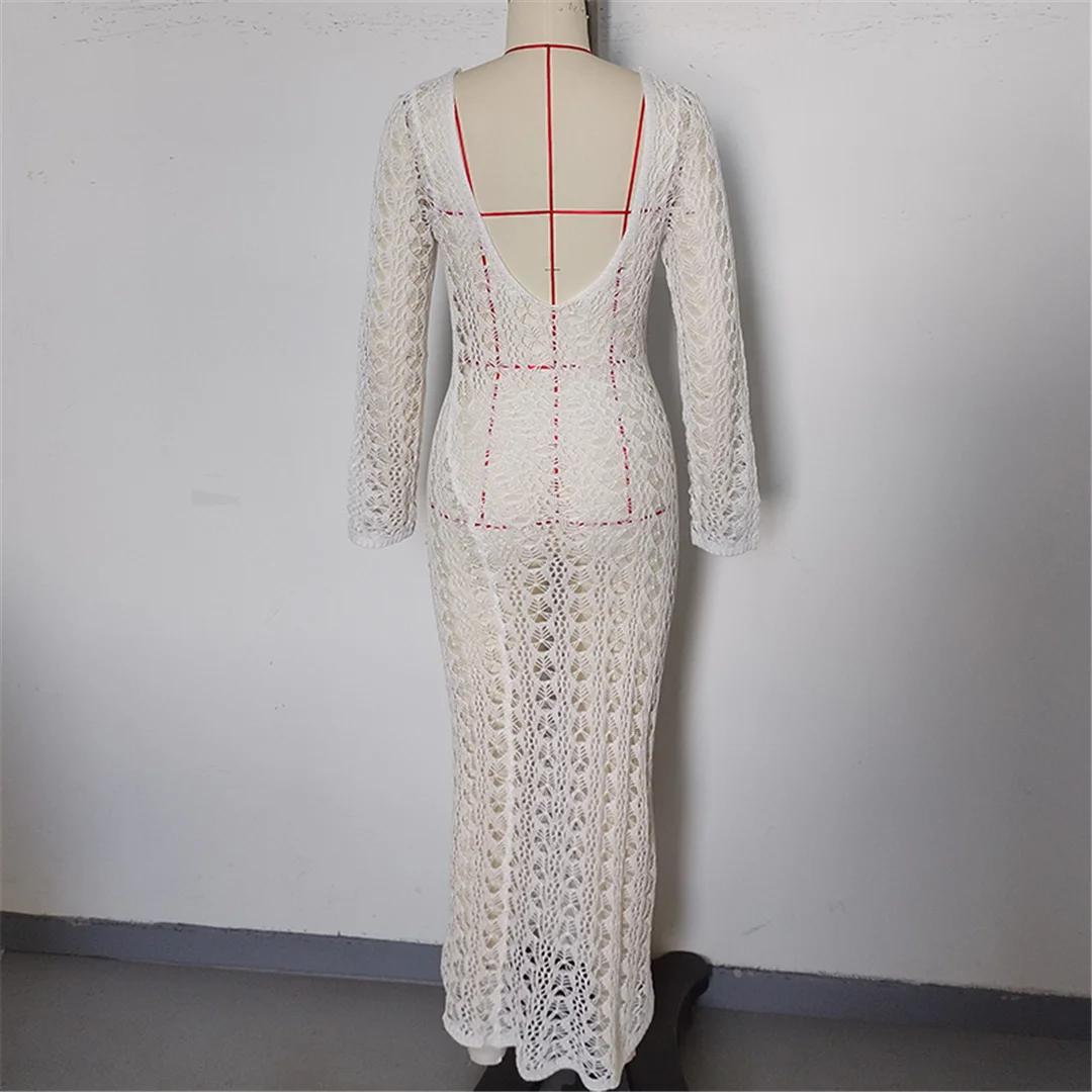 2026 Langarm-Strick-Tunika mit Ausschnitten am Rücken, rückenfreies Strandkleid, Strandmode, Strandbekleidung, Strand-Cover-up, Damen V6551 – Detail 21