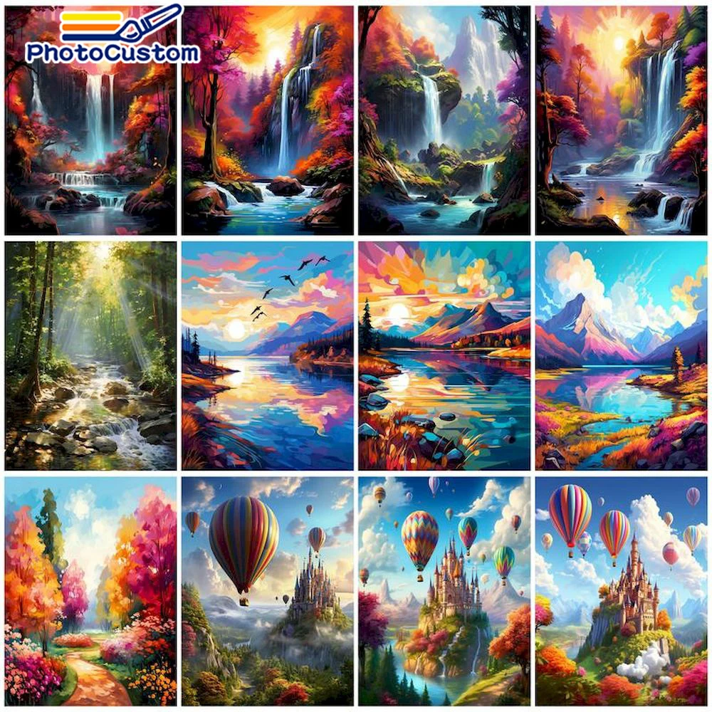 

PhotoCustom Oil Painting By Numbers Landscape DIY Drawing By Numbers On Canvas Frameless Waterfall Hand Painting Home Decor