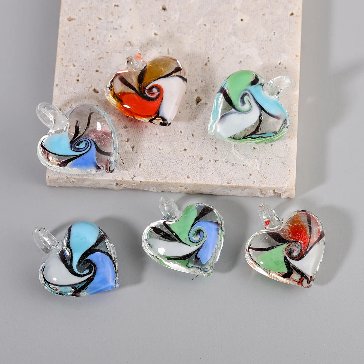 Yingwu Wholesale 6pcs Mix Color Heart Pendant Fit Necklace Handmade Murano Lampwork Glass Women