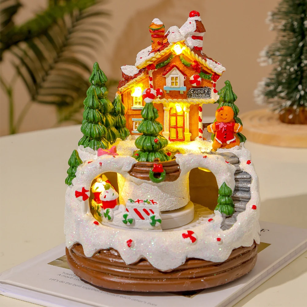 Christmas Music Box Christmas Figurines Home Tabletop Decoration 6.3inch Illuminated Music Resin House Ornament Gift for Kids