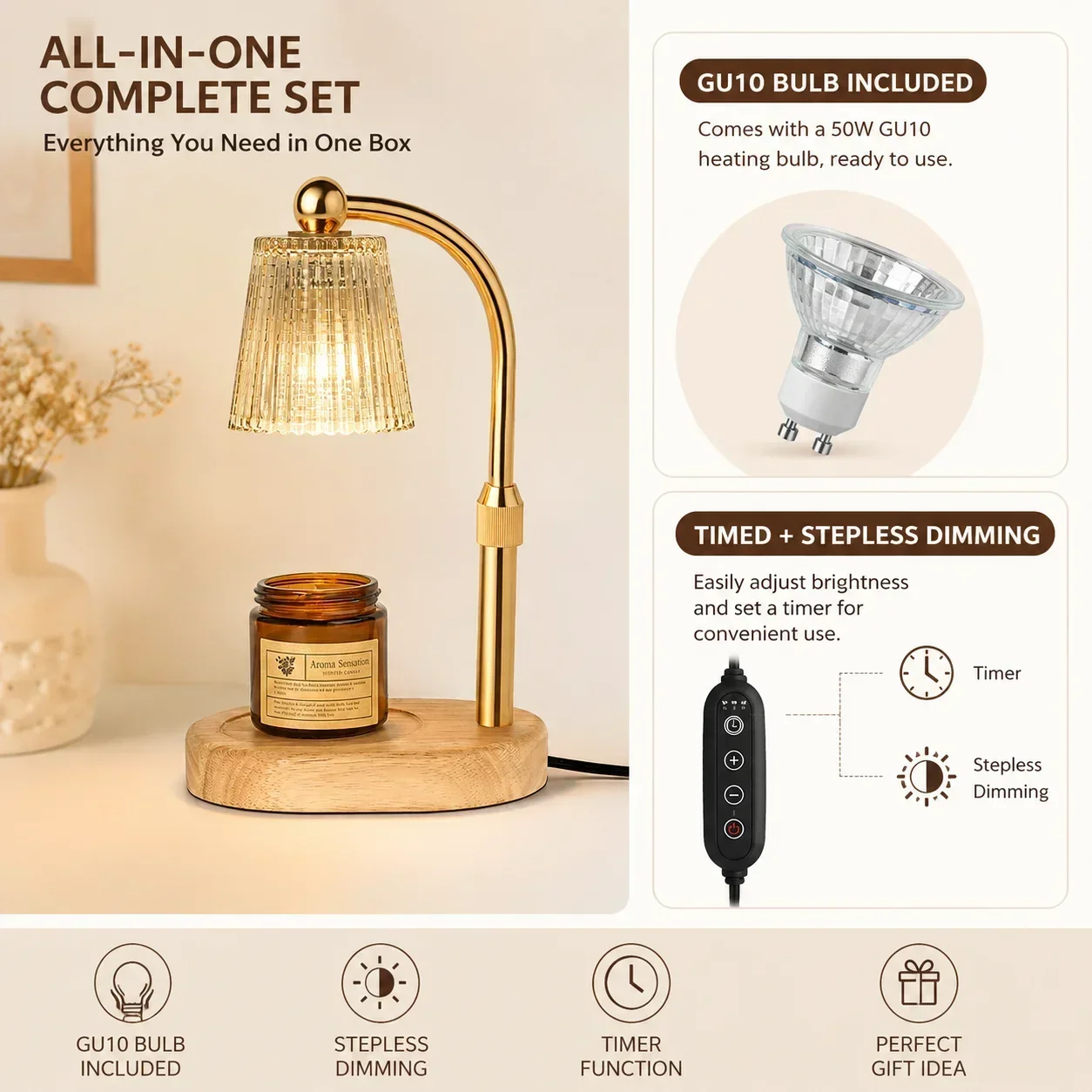 Hzralicth 50W Dimmable Candle Warmer Lamp with Timer Adjustable Glass Cozy for Bedroom Home Decor - Warm Adjustable Candle Light