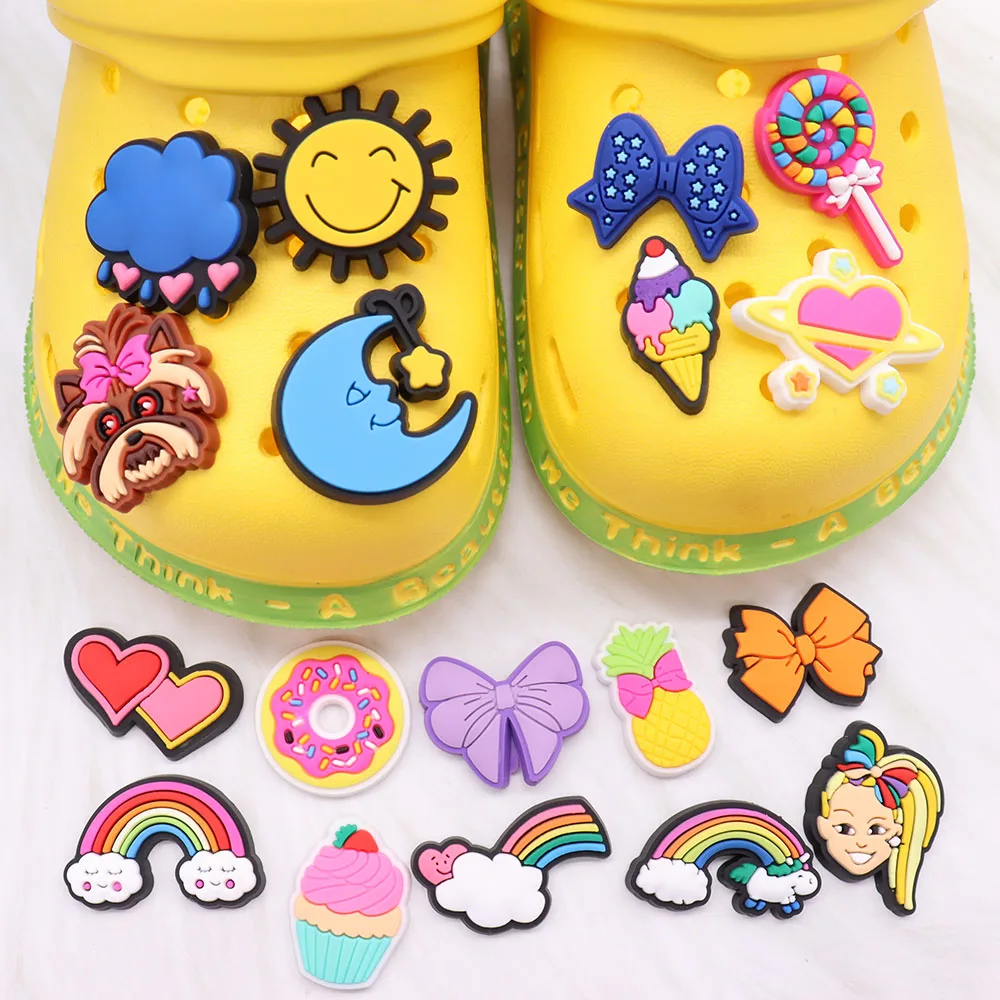 Wholesale 50pcs Shoe Charms Moon Rainbow Sun Ice Cream Donut Accessories PVC Kids Shoe Buckle Fit Wristbands Birthday Present