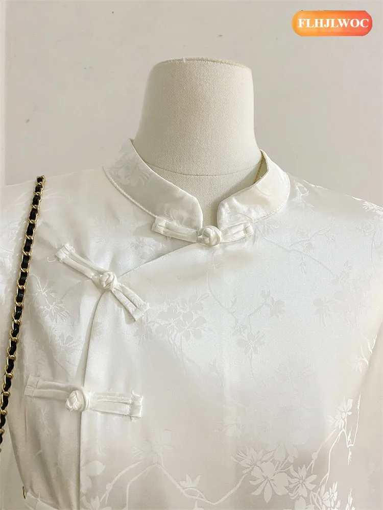 Rosa gola topos estilo chinês chi-pao blusas mulher nova 2026 primavera festa de casamento retro vintage barriga peplum camisas brancas